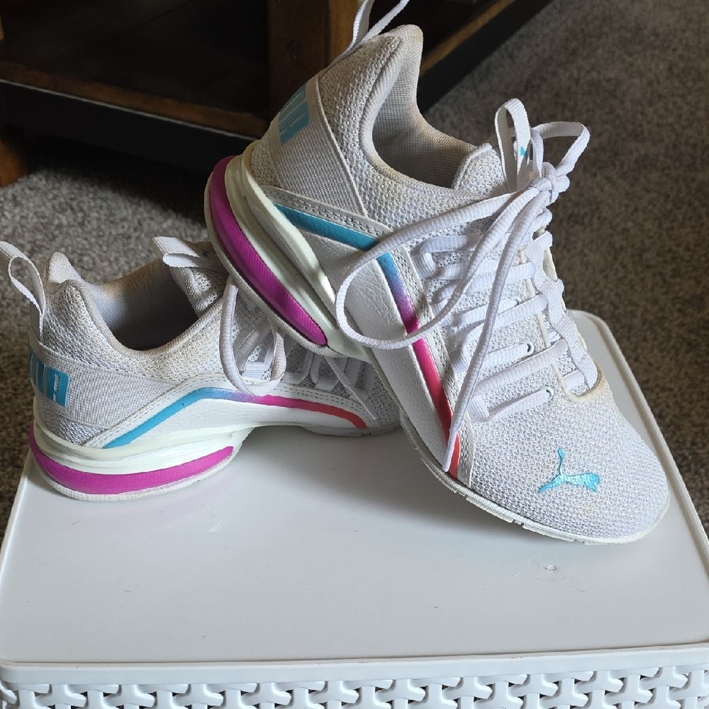 Puma White Sneakers with Pink and Blue Highlights